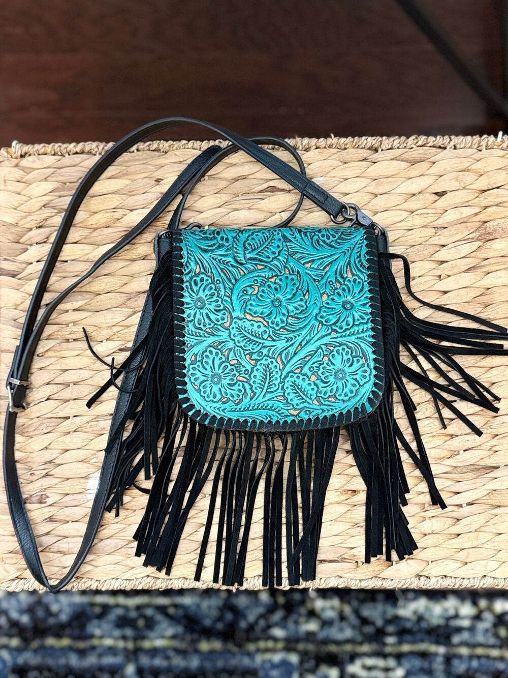 Turquoise black Tooled Leather Fringe Crossbody Bag Western Boho Cowgirl